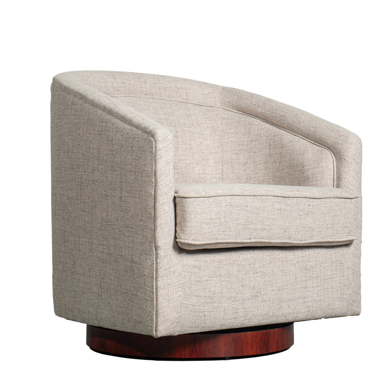 Wyn Fabric Upholstered Club Style Barrel Chair with Sloped Armrests and 360 Degree Swivel Base in a Woodgrain Vinyl Wrap