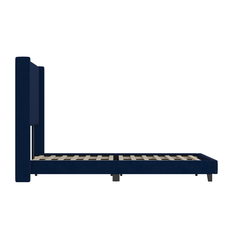 Sana Modern Navy Velvet Upholstered Platform Bed Frame with Padded, Tufted Wingback Headboard and Wood Support Slats, No Box Spring Required