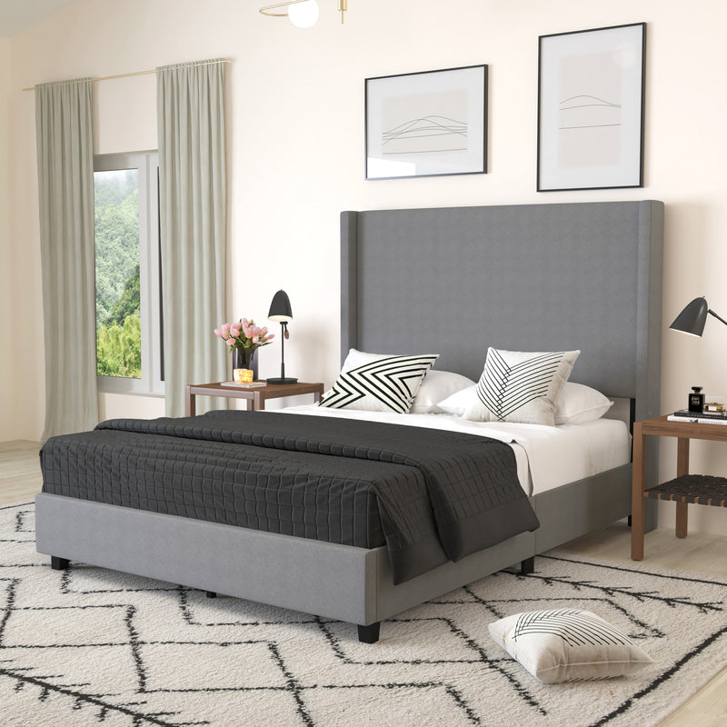 Bramlett Modern Queen Size Platform Bed Frame with Padded Faux Linen Upholstered Wingback Headboard and Wood Support Slats in Gray