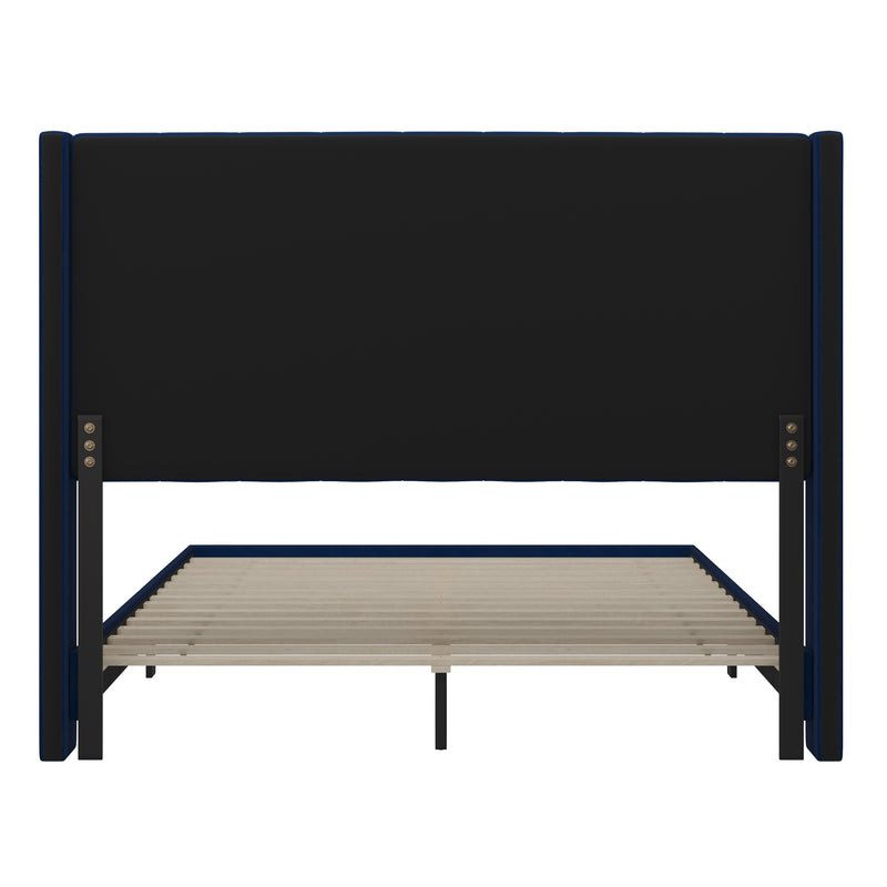 Sana Modern Navy Velvet Upholstered Platform Bed Frame with Padded, Tufted Wingback Headboard and Wood Support Slats, No Box Spring Required
