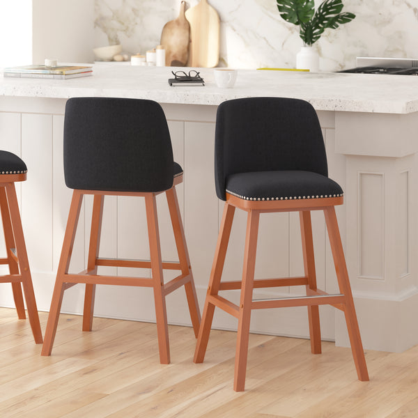 Ellie Set of 2 Faux Linen Upholstered 30" Bar Stools with Nail Head Accent Trim and Walnut Wood Frames