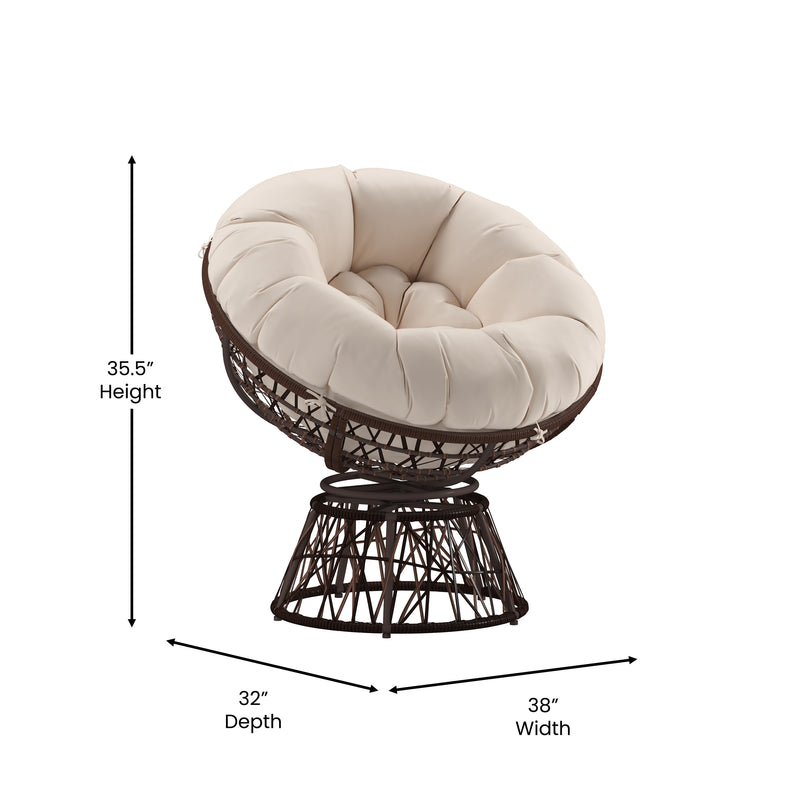 Foley Papasan Style Woven Wicker Swivel Patio Chair in Brown with Removable All-Weather Beige Cushion
