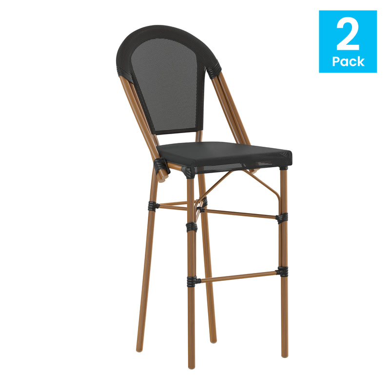 Mael Set of Two Stacking French Bistro Style Bar Stools with Textilene Seat and Bamboo Finished Metal Frame for Indoor/Outdoor Use