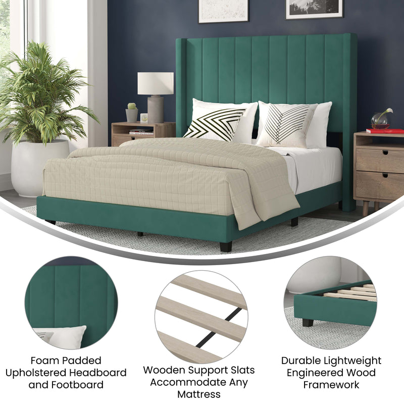 Sana Modern Emerald Velvet Upholstered Platform Bed Frame with Padded, Tufted Wingback Headboard and Wood Support Slats, No Box Spring Required