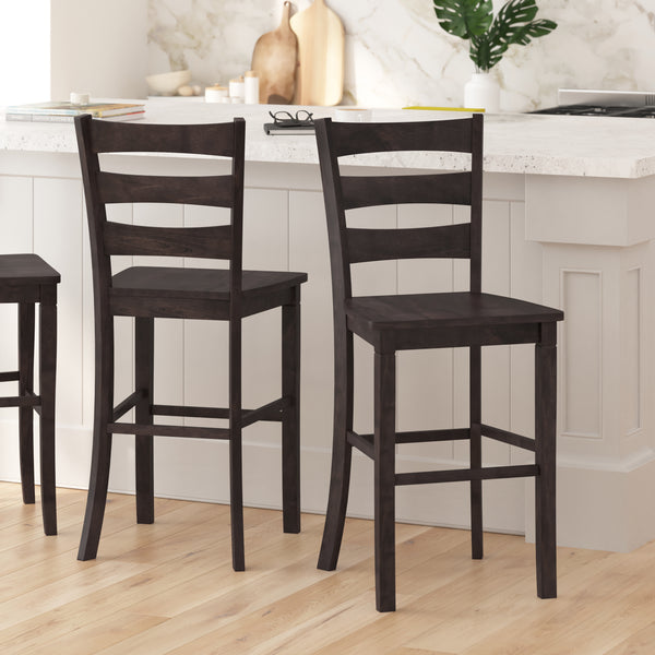 Verity Set of Two Classic Wooden Ladderback Bar Height Barstools with Solid Wood Seats
