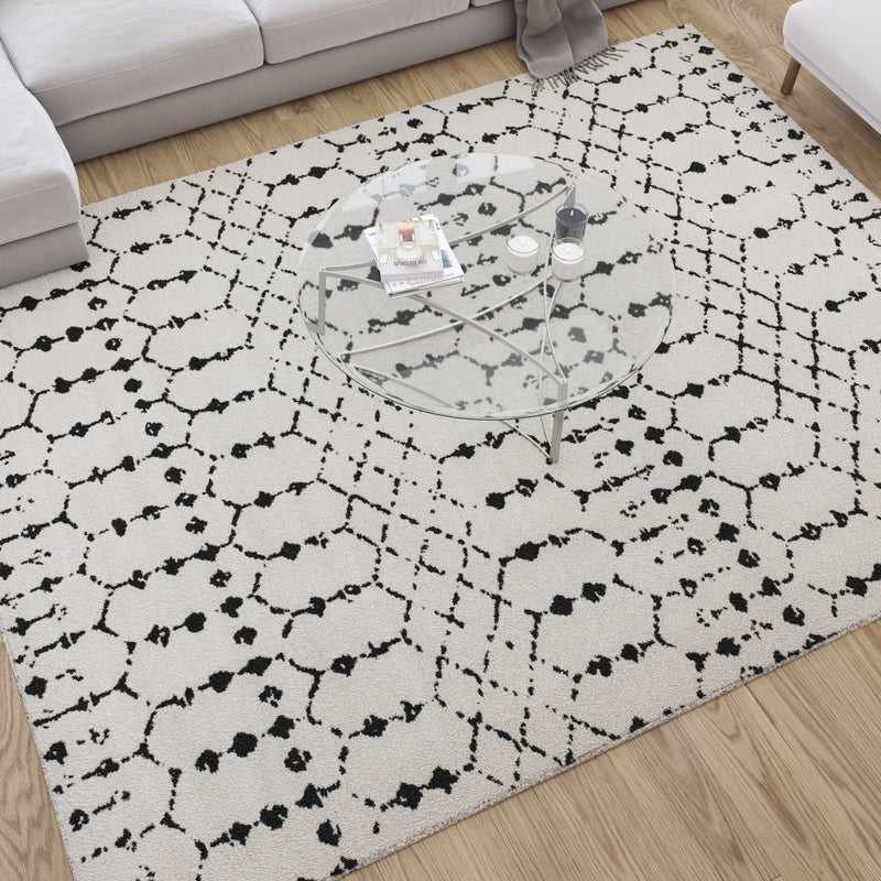 Ivory Bohemian Low Pile Rug with Geometric Design