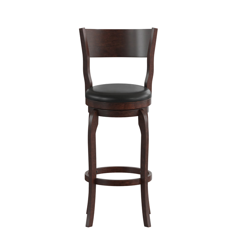 Tally 30" Antique Oak Classic Wooden Open Back Swivel Bar Height Pub Stool with Black Faux Leather Padded Seat and Integrated Footrest