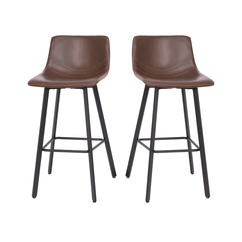 Oretha Set of 2 Modern Chocolate Brown Faux Leather Upholstered Bar Stools with Contoured, Low Back Bucket Seats and Iron Frames