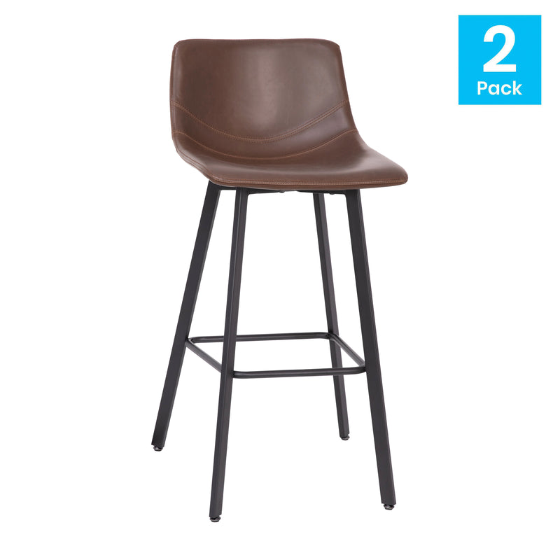 Oretha Set of 2 Modern Chocolate Brown Faux Leather Upholstered Bar Stools with Contoured, Low Back Bucket Seats and Iron Frames