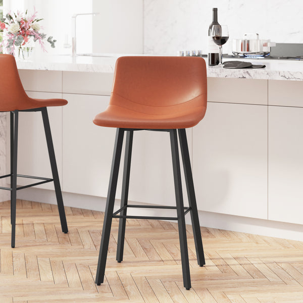 Oretha Set of 2 Modern Cognac Faux Leather Upholstered Bar Stools with Contoured, Low Back Bucket Seats and Iron Frames