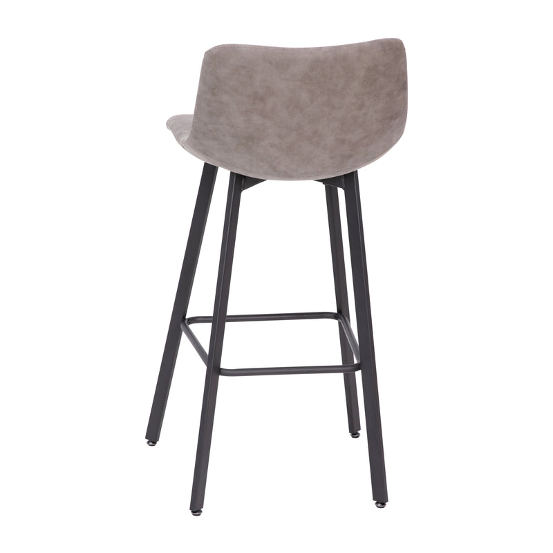 Oretha Set of 2 Modern Gray Faux Leather Upholstered Bar Stools with Contoured, Low Back Bucket Seats and Iron Frames