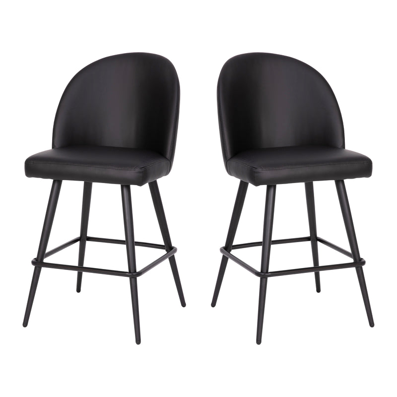 Teague Set of 2 Modern Armless Counter Stools with Contoured Backs, Steel Frames, and Integrated Footrests in Black Faux Leather
