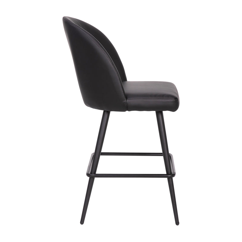 Teague Set of 2 Modern Armless Counter Stools with Contoured Backs, Steel Frames, and Integrated Footrests in Black Faux Leather
