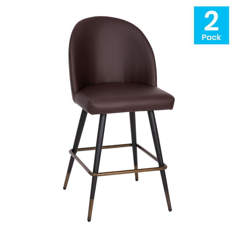 Teague Set of 2 Modern Armless Counter Stools with Contoured Backs, Steel Frames, and Integrated Footrests in Brown Faux Leather