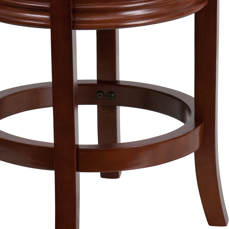 Clara 24" Light Cherry Wood Backless Wooden Counter Stool with Black Faux Leather 360 Degree Swivel Seat