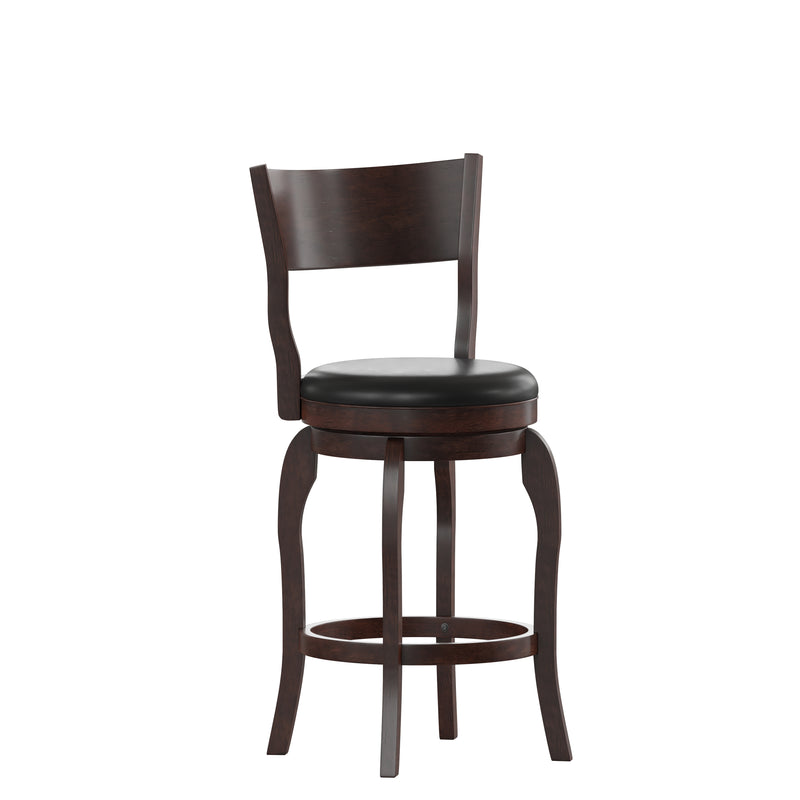 Tally 24" Espresso Classic Wooden Open Back Swivel Counter Height Pub Stool with Black Faux Leather Padded Seat and Integrated Footrest