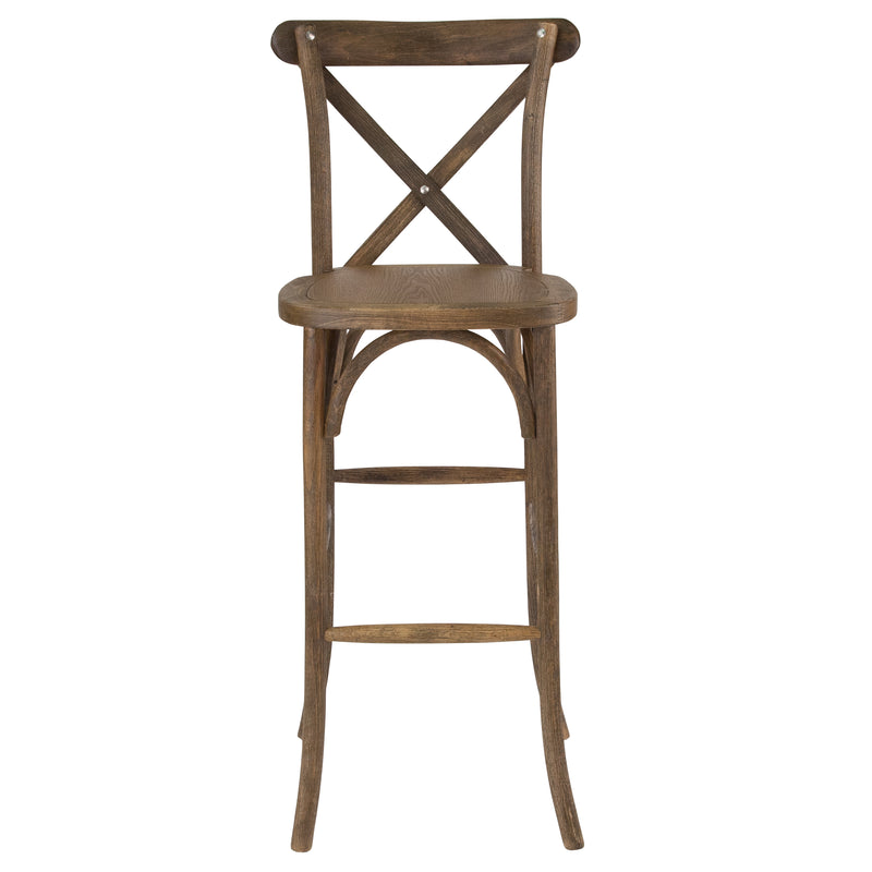 Calvin 30 Inch Bistro Style Bar Height Wooden Cross Back Dining Stool in Dark Antique