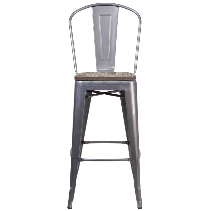 Vesemir Clear Coated 30" Bar Height Stool with Powder Coated Metal Frame and Textured Wooden Seat