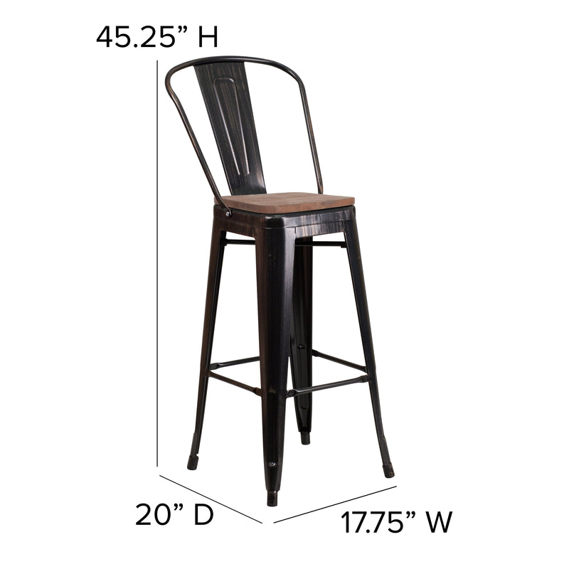 Amsterdam 30" High Metal Barstool with Back and Wood Seat