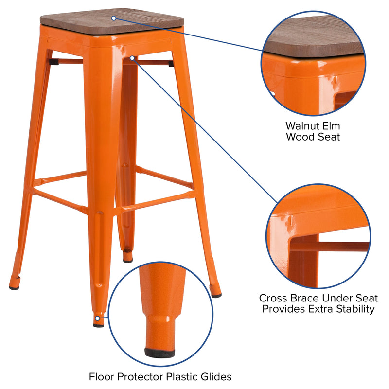 Dalton Series 30" High Backless Metal Bar Height Dining Stool with Wooden Seat for Indoor Use