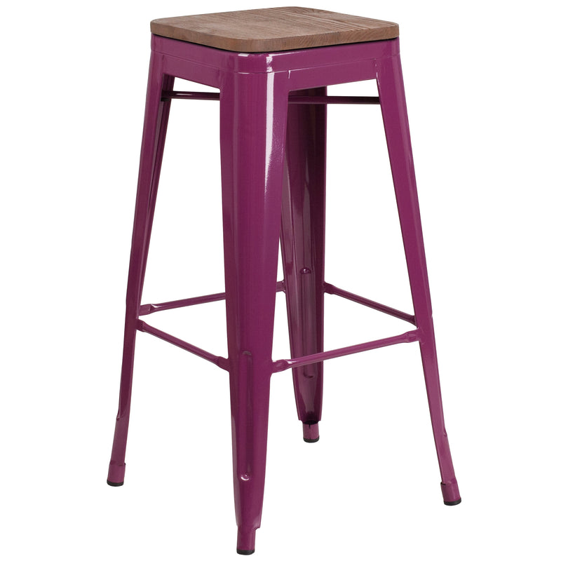 Dalton Series 30" High Backless Crystal Blue Metal Bar Height Dining Stool with Wooden Seat for Indoor Use