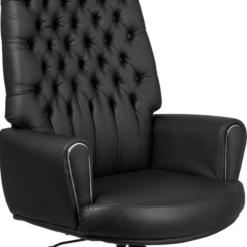 Moselle High Back Button Tufted Faux Leather Swivel Home Office Chair with Silver Welt Trimmed Arms