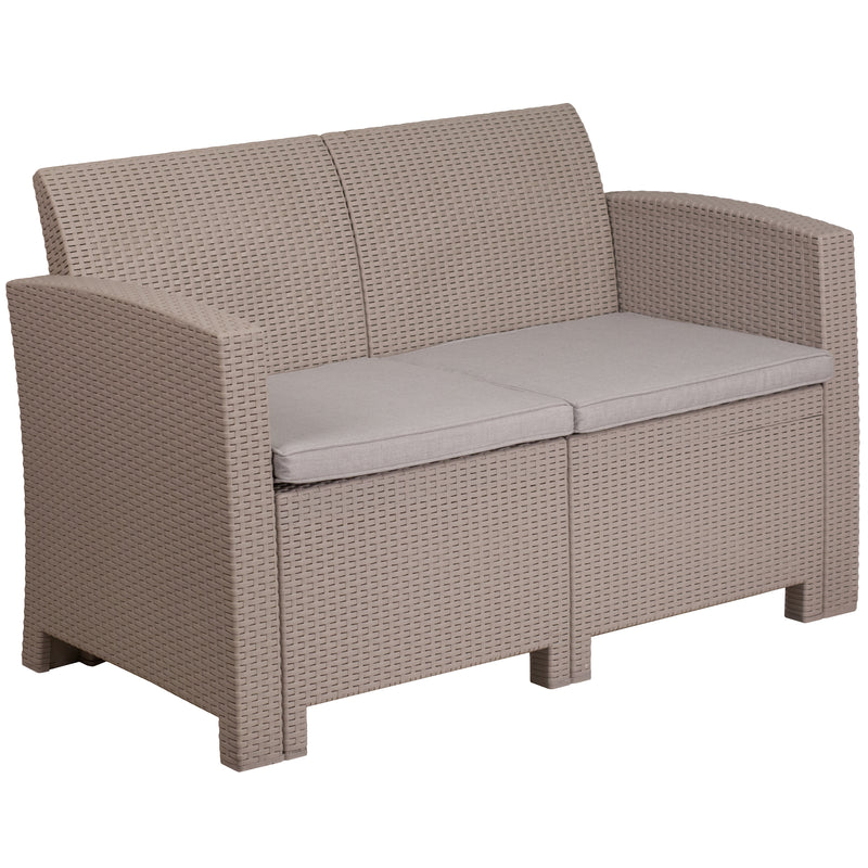 Malmok Outdoor Furniture Resin Loveseat Light Gray Faux Rattan Wicker Pattern 2-Seat Loveseat With All-Weather Beige Cushions