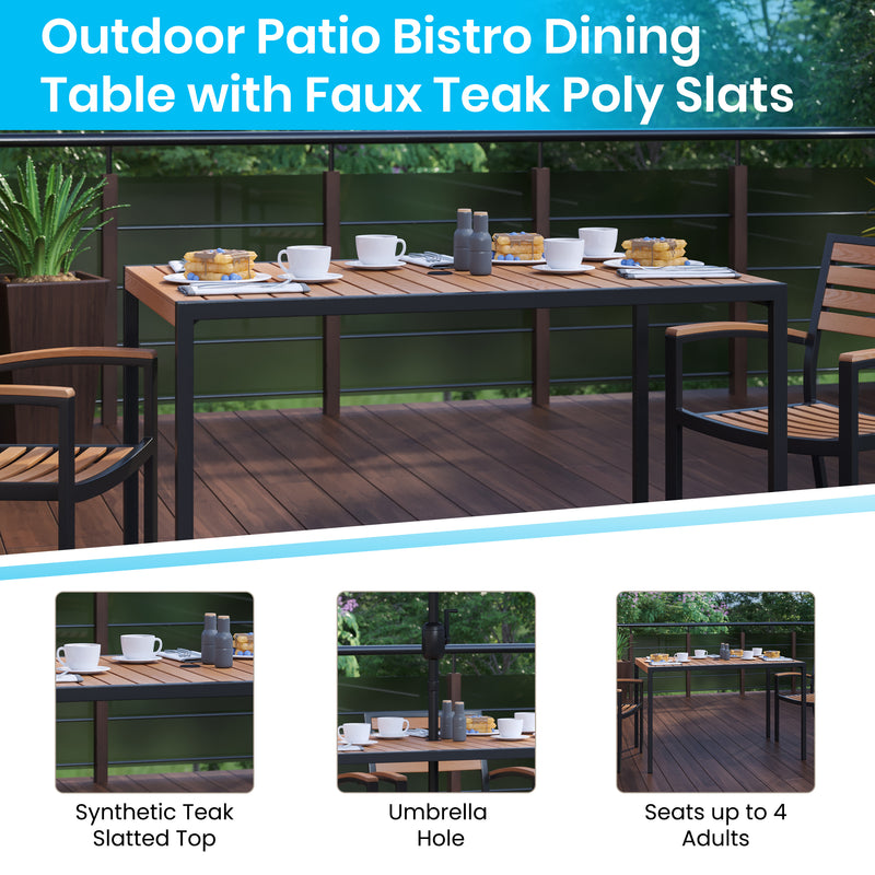 30" x 48" Outdoor Dining Table with Faux Teak Poly Slat Top and Powder Coated Steel Frame