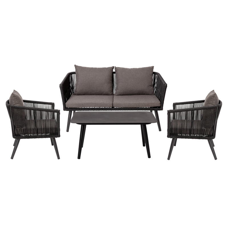 Magnolia Outdoor Furniture 4 Piece Black Woven Aluminum Frame Loveseat, 2 Chair and Coffee Table Set With Gray Cushions
