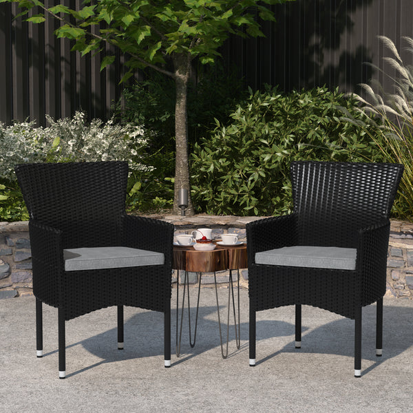 Sunset Set of 2 Patio Chairs with Fade and Weather Resistant Black Wicker Wrapped Steel Frames & Gray Cushions