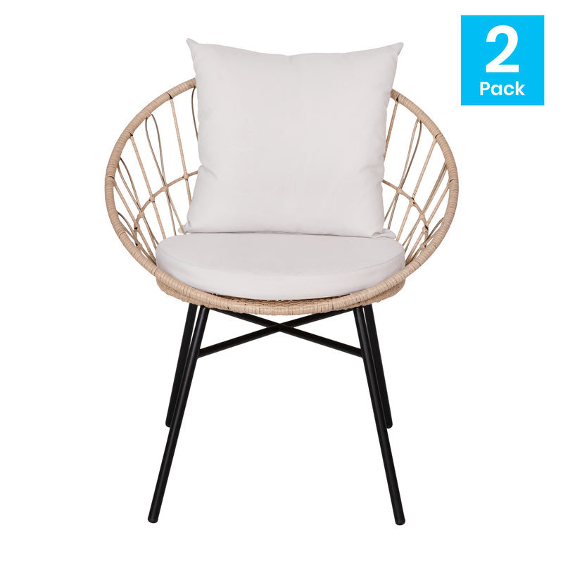 Alma Set Of 2 Faux Rattan Rope Patio Chairs, Tan Papasan Style Indoor/Outdoor Chairs with Light Gray Seat & Back Cushions