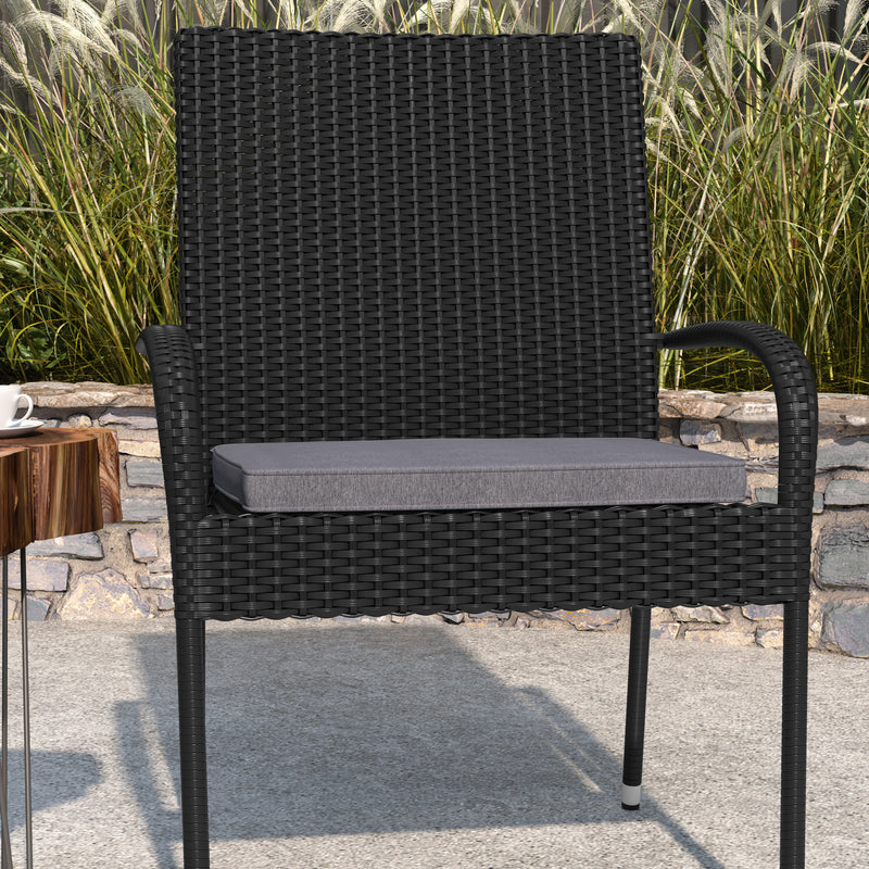 Mathias Set of 2 Indoor/Outdoor Black Wicker Patio Chairs with Powder Coated Steel Frame and Gray Padded Cushion