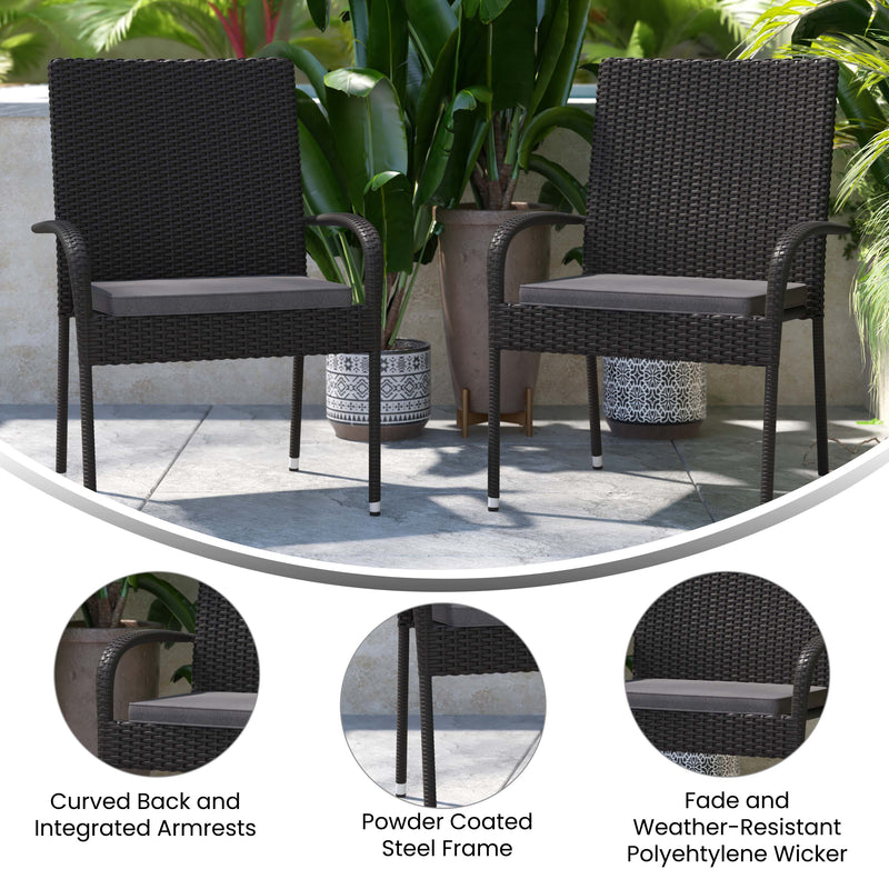 Mathias Set of 4 Indoor/Outdoor Black Wicker Patio Chairs with Powder Coated Steel Frame and Gray Padded Cushion