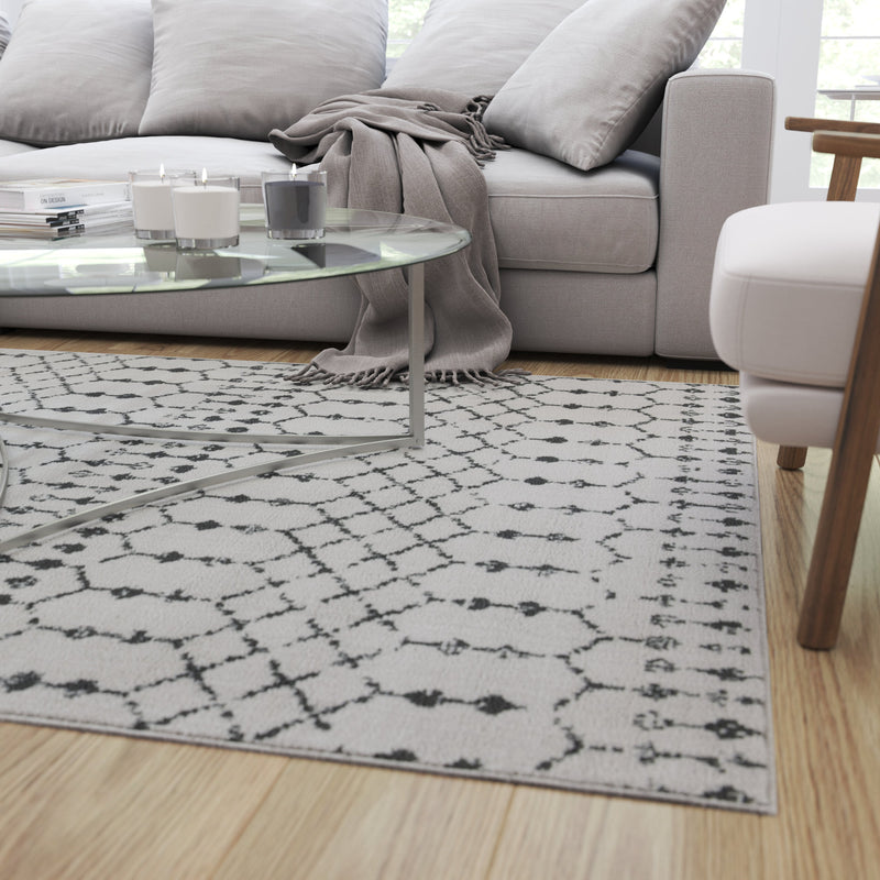 Ivory Bohemian Low Pile Rug with Geometric Design