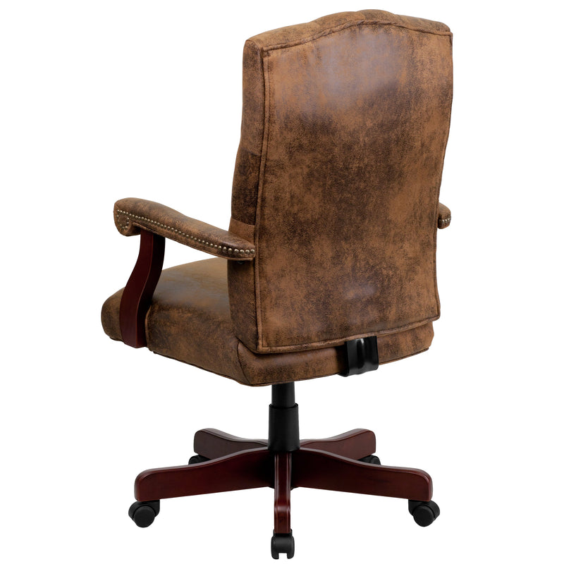 Versailles Ultra-Suede Victorian Style 360° Swivel High-Back Office Chair With Padded Scrolled Arms and Wood Capped Metal Base