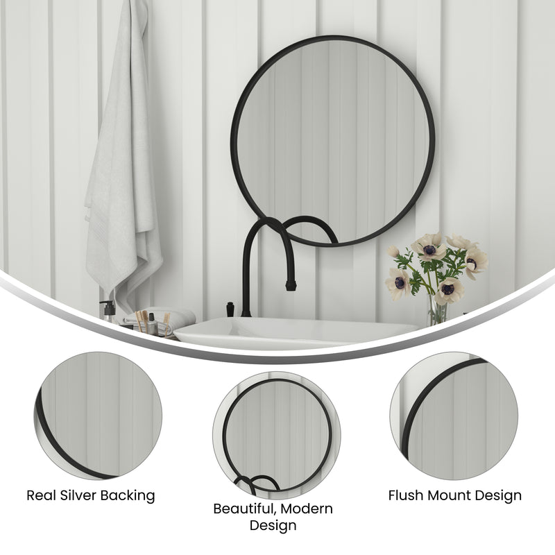 Monaco 27.5" Round Accent Wall Mirror in Black with Metal Frame for Bathroom, Vanity, Entryway, Dining Room, & Living Room