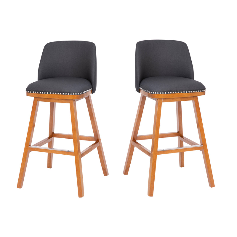 Ellie Set of 2 Faux Linen Upholstered 30" Bar Stools with Nail Head Accent Trim and Walnut Wood Frames
