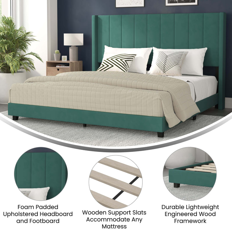 Sana Modern Emerald Velvet Upholstered Platform Bed Frame with Padded, Tufted Wingback Headboard and Wood Support Slats, No Box Spring Required