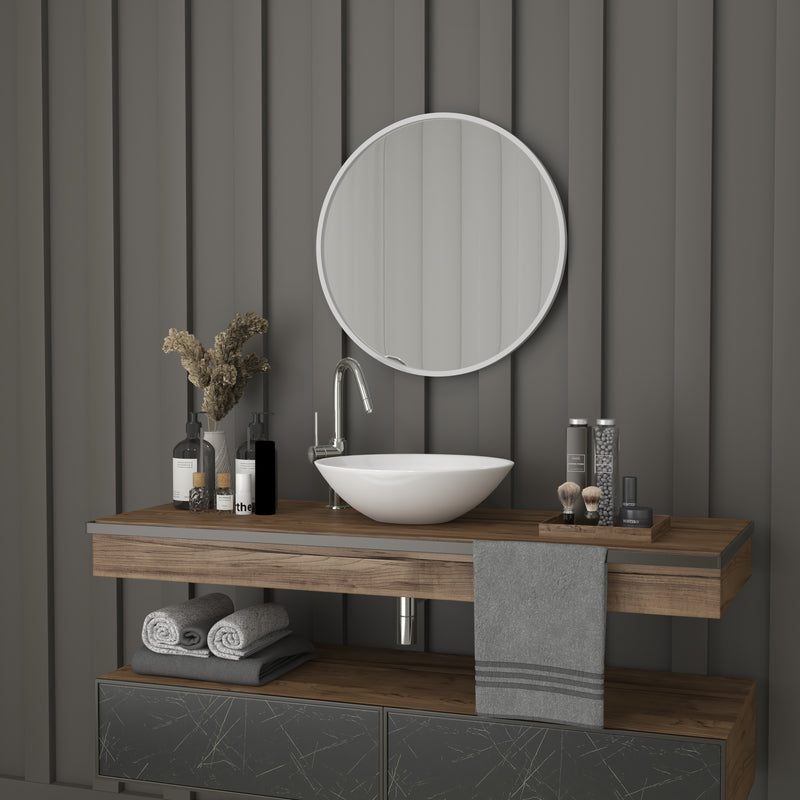 Monaco 24" Round Accent Wall Mirror in Silver with Metal Frame for Bathroom, Vanity, Entryway, Dining Room, & Living Room