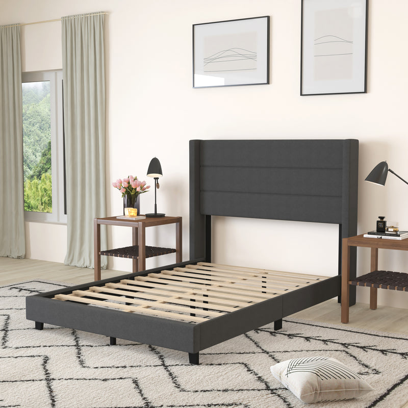 Percy Modern Platform Bed with Padded Channel Stitched Faux Linen Upholstered Wingback Headboard and 8.6" Underbed Clearance