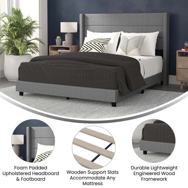 Percy Modern Platform Bed with Padded Channel Stitched Faux Linen Upholstered Wingback Headboard and 8.6" Underbed Clearance