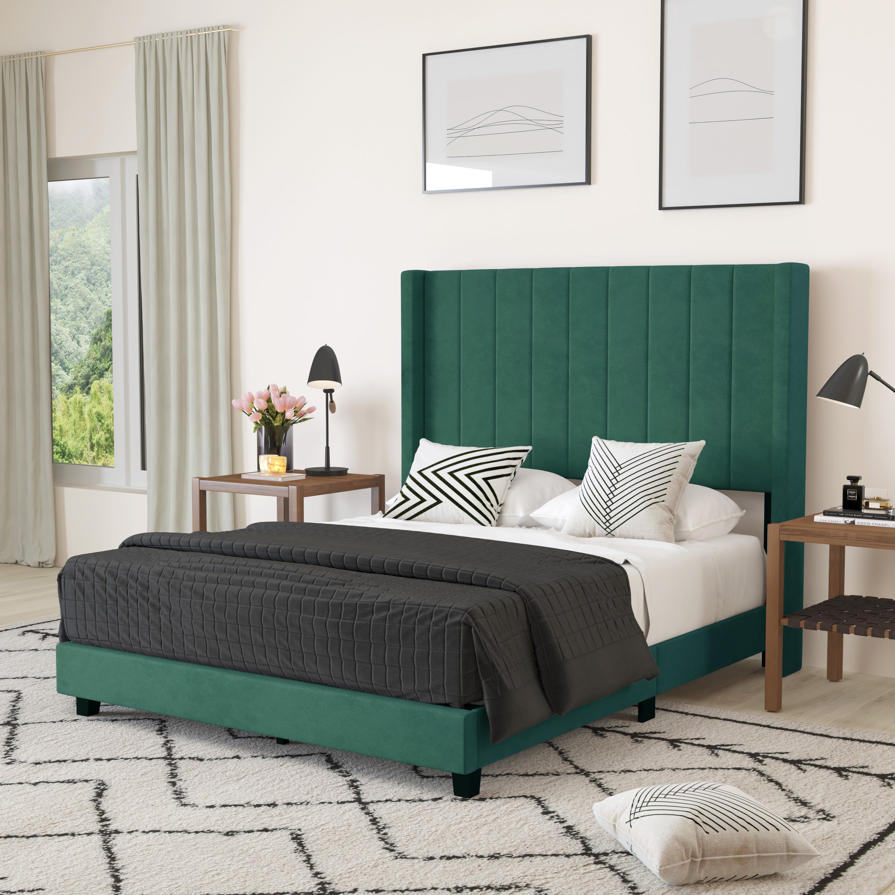 Sana Modern Emerald Velvet Upholstered Platform Bed Frame with Padded,