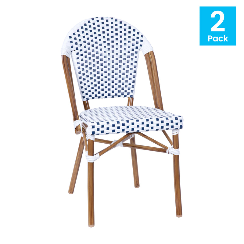 Celia Set of Two Indoor/Outdoor Stacking French Bistro Chairs with Patterned Seats and Backs & Light Bamboo Finished Aluminum Frames