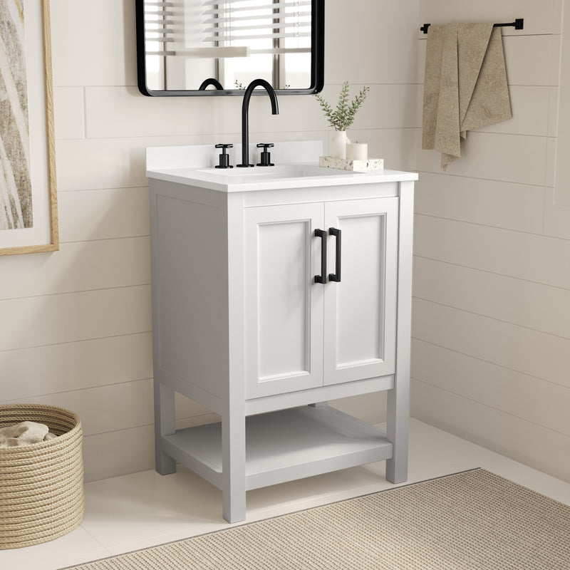 Vigo 24 Inch Bathroom Vanity with Ceramic Sink, Carrara Marble Finish Countertop, Storage Cabinet with Soft Close Doors and Open Shelf