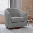 Wyn Fabric Upholstered Club Style Barrel Chair with Sloped Armrests and 360 Degree Swivel Base in a Woodgrain Vinyl Wrap