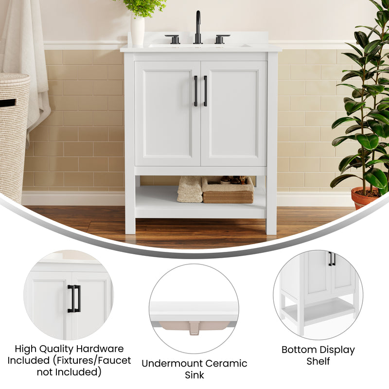 Vigo 30 Inch Bathroom Vanity with Ceramic Sink, Carrara Marble Finish Countertop, Storage Cabinet with Soft Close Doors and Open Shelf