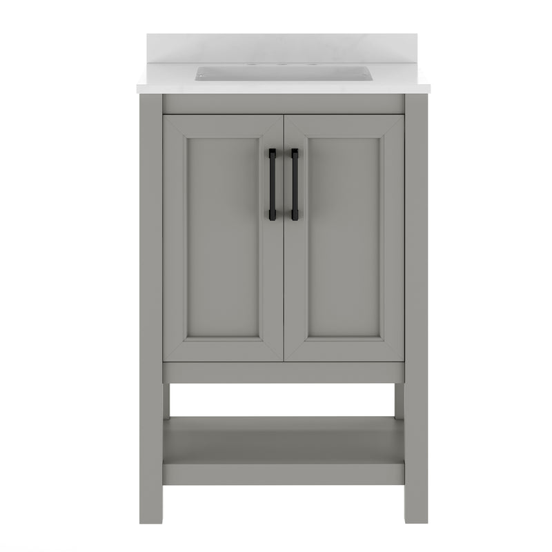 Vigo 24 Inch Bathroom Vanity with Ceramic Sink, Carrara Marble Finish Countertop, Storage Cabinet with Soft Close Doors and Open Shelf