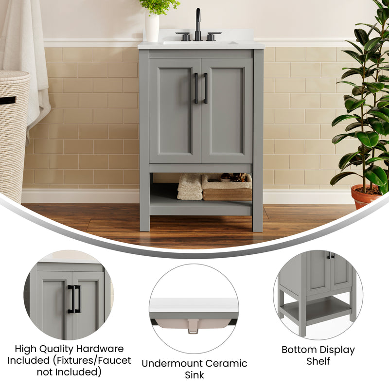 Vigo 24 Inch Bathroom Vanity with Ceramic Sink, Carrara Marble Finish Countertop, Storage Cabinet with Soft Close Doors and Open Shelf