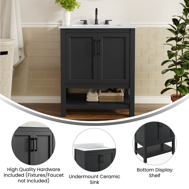 Vigo 30 Inch Bathroom Vanity with Ceramic Sink, Carrara Marble Finish Countertop, Storage Cabinet with Soft Close Doors and Open Shelf