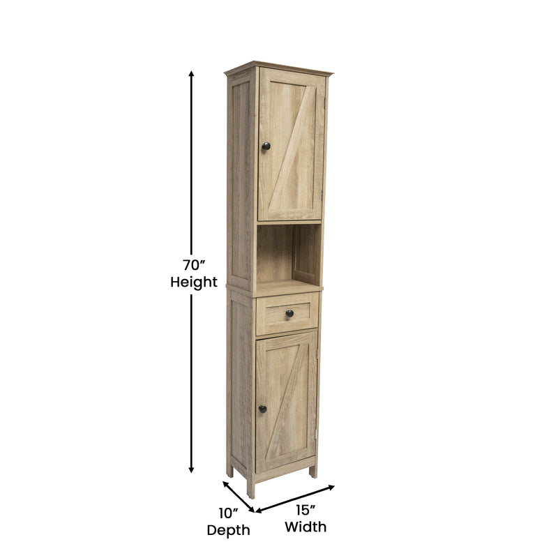 Delilah Slim Linen Tower Organizer with Storage Drawer, Upper and Lower Cabinets with Magnetic Closure Doors and Open Shelf